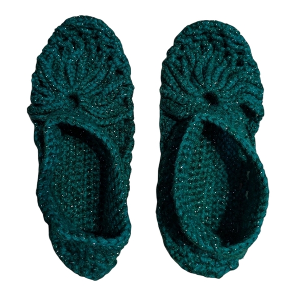 Handmade Knitted Acrylic Yarn Slipper Sandals Pantouffles Forest Green Silver - Picture 3 of 5
